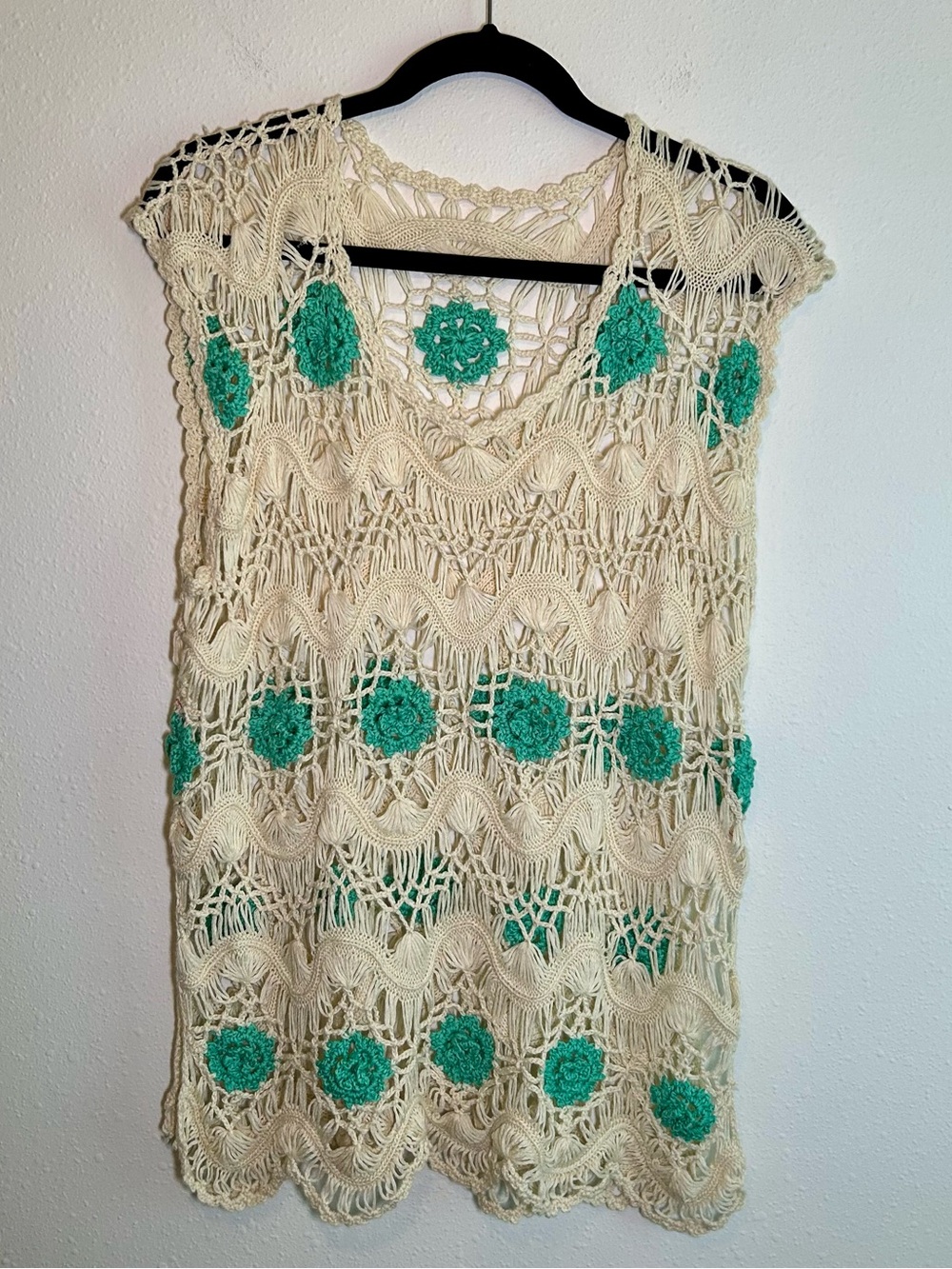Crochet Tunic Top Open Knit L/XL* Cream Cover Up Scalloped Layer Boho Festival